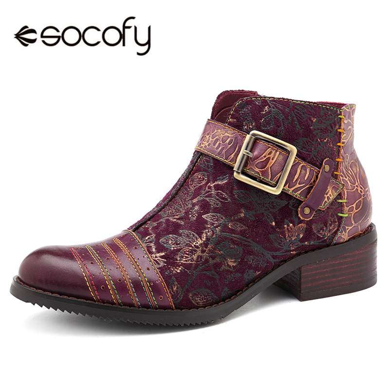 Socofy Retro Bohemian Boots Women Shoes Woman Spring Autumn Cow Leather Motorcycle Boots Zipper Chunky Heel Ankle Shoes 2019