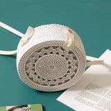 White Round Rattan Bags For Women Straw Handmade Woven Circle Shoulder Bag