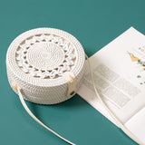 White Round Rattan Bags For Women Straw Handmade Woven Circle Shoulder Bag