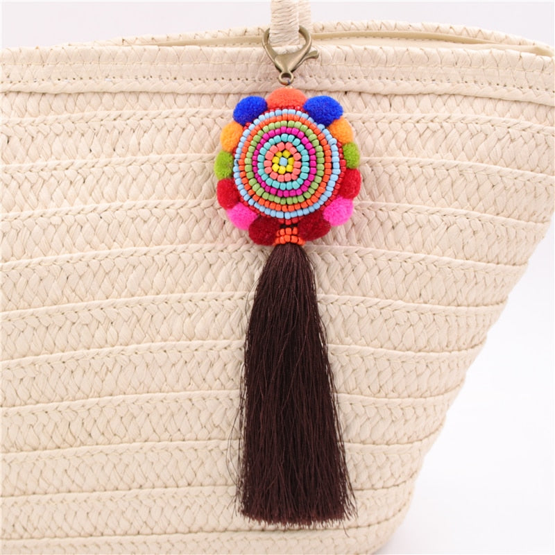 Bohemia Pom Tassel Keychain Bag Charm Women's Boho Handmade Jewelry Keyring For Party