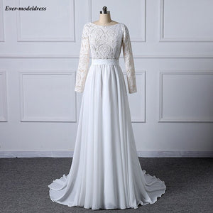 2019 Bohemian Lace Chiffon Beach Wedding Dresses With Long Sleeves Backless Country Bridal Gowns Plus Size vestiti da sposa