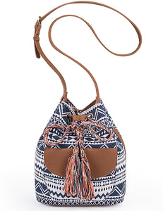 NEW Drawstring Bucket Bag Canvas Boho Stripe Shoulder Bags