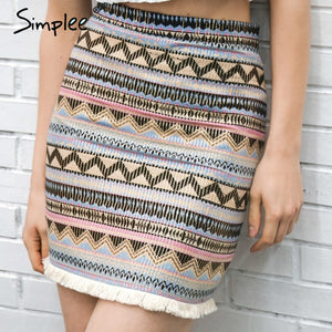 Simplee Vintage pencil skirt women bottom Boho chic tassels ethnic mini skirt Summer beach female high waist short skirt female