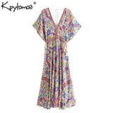 Boho Chic Summer Vintage Bird Floral Print Long Dress Women 2019 Fashion V Neck Lace Up Tassel Beach Dresses Vestidos Mujer