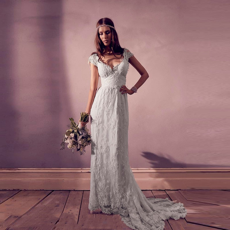 Top Quality 2019 Vintage Lace Bohemian Wedding Dress Sexy V Neck Cap Sleeves Backless Bridal Dress Boho Beach Summer Bridal Gown