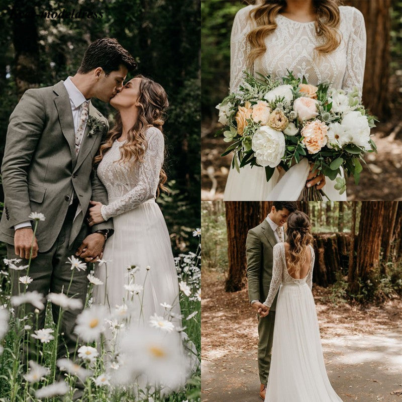 2019 Bohemian Lace Chiffon Beach Wedding Dresses With Long Sleeves Backless Country Bridal Gowns Plus Size vestiti da sposa