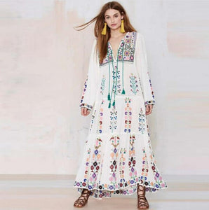 cotton floral embroidered maxi dress o-neck tassel long Sleeve white Summer dresses Vintage boho chic women dress brand clothing