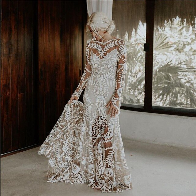 Dramatic Cornelli Lace Wedding Dresses Long Sleeve Low Back Full Skirt Bridal Gowns Chic Noivas Boho Rue de Soriee DW198