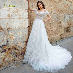 Loverxu Scoop A Line Boho Beach Chic Wedding Dresses Applique Beading Illusion Short Sleeve Bride Dress Chapel Train Bridal Gown