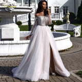 Loverxu Chic Scoop A Line Wedding Dress Appliques Beading Lantern Sleeve Backless Bench Bride Dress Court Train Boho Bridal Gown