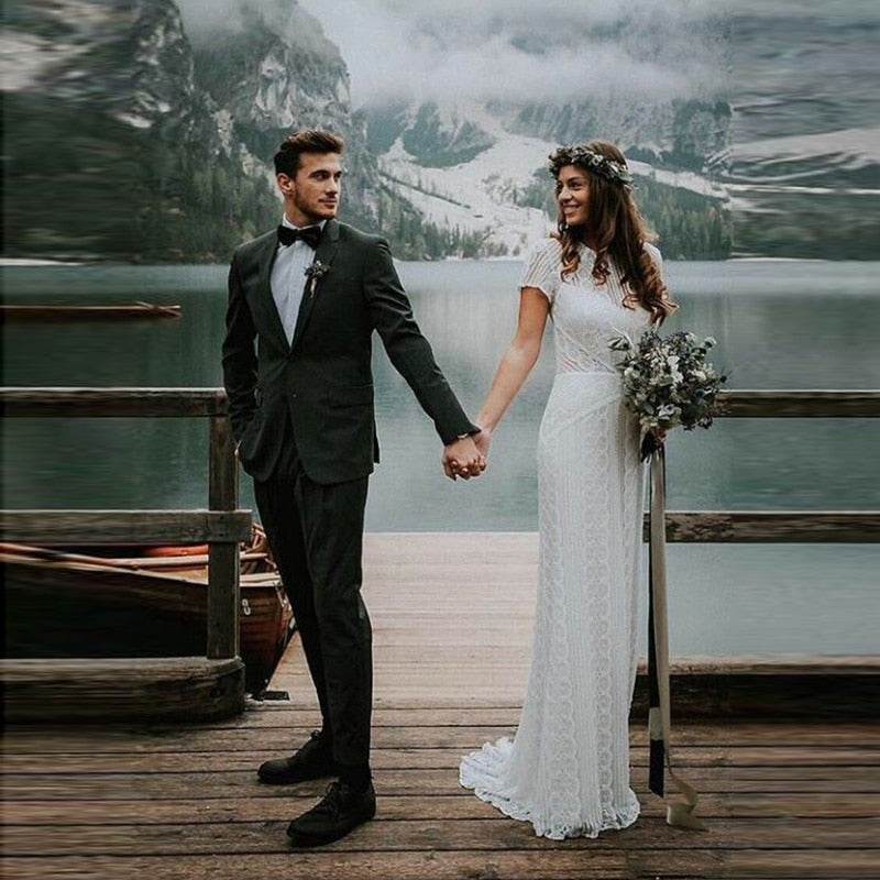 Bohemian Wedding Dress 2019 Cap Sleeves Lace Chic Bridal Gowns Robe De Mariage Wedding Dresses Boho