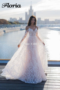 Elegant Star Appliques Chic Mermaid Wedding Dresses Dubai Islamic Illusion Lantern Sleeve Detachable Train Boho Bridal Dress