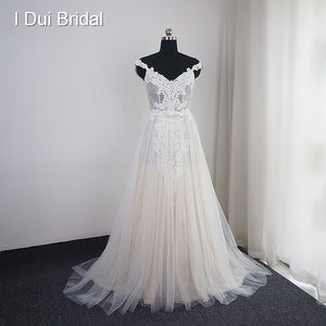 Off Shoulder Strap Wedding Dress A Line Boho Chic Lace Appliqued Beaded Bridal Gown