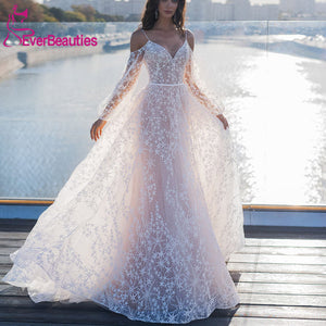 Elegant Star Appliques Chic Wedding Dress 2019 Spaghetti Straps  A-line Boho Bridal Dress