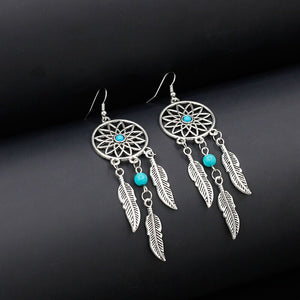 Vintage Silver Tassel Dream Catcher Feather Earrings For Women Girls Round Earring 2018 Bohemian Style Statement Jewelry