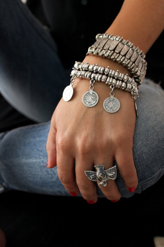 Charms Vintage Silver Gold Coin Gypsy Boho Coachella lover Beachy Chic Festival Turkish Wrap Bracelet Men Women Jewelry