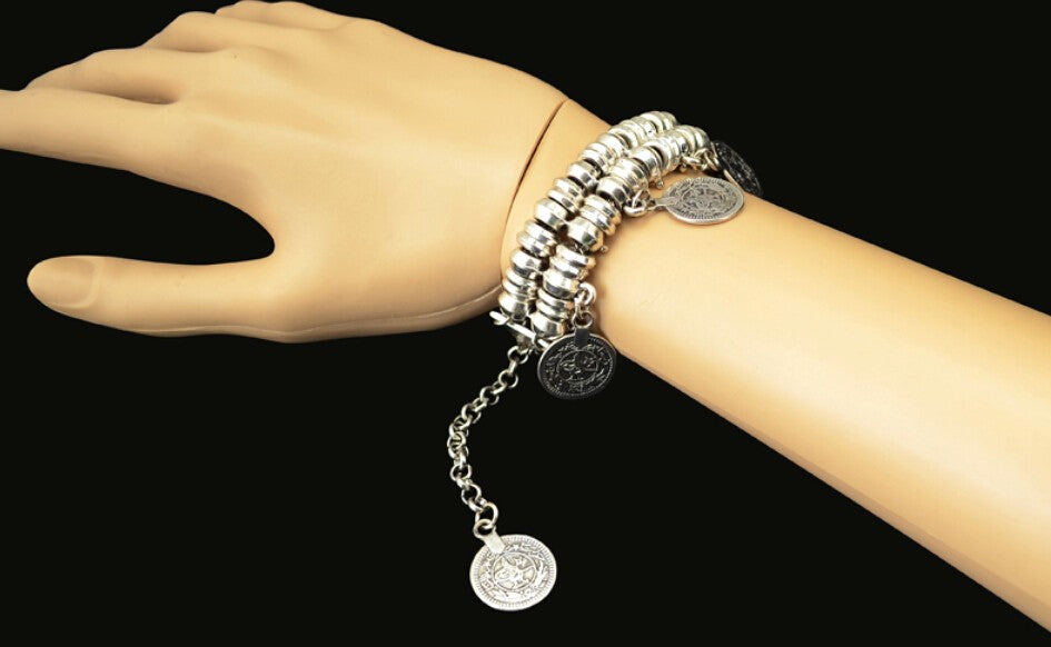 Charms Vintage Silver Gold Coin Gypsy Boho Coachella lover Beachy Chic Festival Turkish Wrap Bracelet Men Women Jewelry