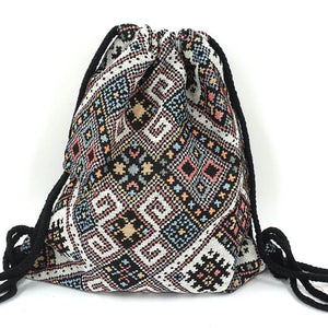 LilyHood Women Fabric String Backpack Gypsy Bohemian Boho Chic Aztec Ibiza Gypsy Ethnic Ibiza Morocco Drawstring Rucksack Bag