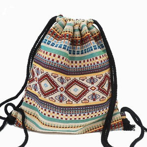 LilyHood Women Fabric String Backpack Gypsy Bohemian Boho Chic Aztec Ibiza Gypsy Ethnic Ibiza Morocco Drawstring Rucksack Bag