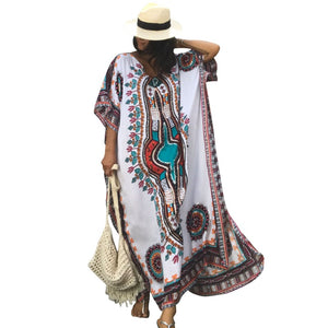 Female White ethnic print fabric moroccan kaftan women beach dress style2017 vintage boho summer maxi dresses for womens Q42217