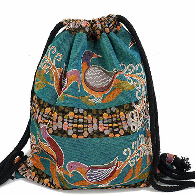 LilyHood Women Fabric String Backpack Gypsy Bohemian Boho Chic Aztec Ibiza Gypsy Ethnic Ibiza Morocco Drawstring Rucksack Bag