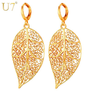 Vintage Leaf Earrings Women Jewelry Gift Silver/Gold Color Hollow Brincos Bohemian Long Drop Earrings E707