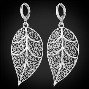 Vintage Leaf Earrings Women Jewelry Gift Silver/Gold Color Hollow Brincos Bohemian Long Drop Earrings E707