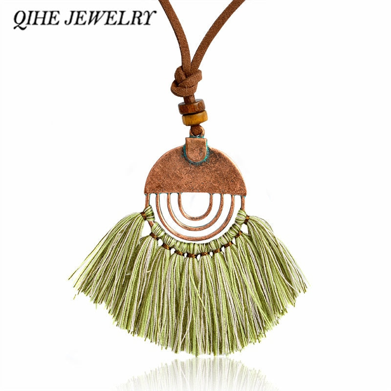 QIHE JEWELRY Multi colors tassel pendant bronze leather chain necklace Long chain necklace Hippie jewelry