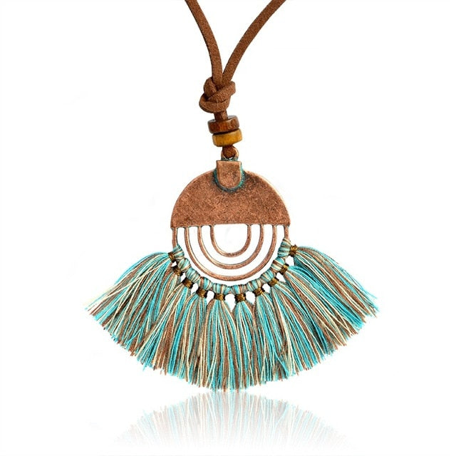 QIHE JEWELRY Multi colors tassel pendant bronze leather chain necklace Long chain necklace Hippie jewelry