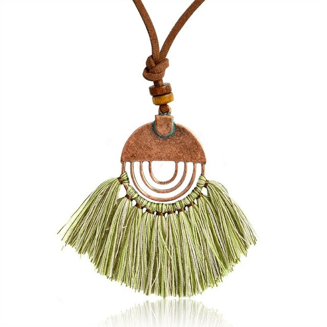 QIHE JEWELRY Multi colors tassel pendant bronze leather chain necklace Long chain necklace Hippie jewelry