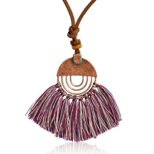 QIHE JEWELRY Multi colors tassel pendant bronze leather chain necklace Long chain necklace Hippie jewelry