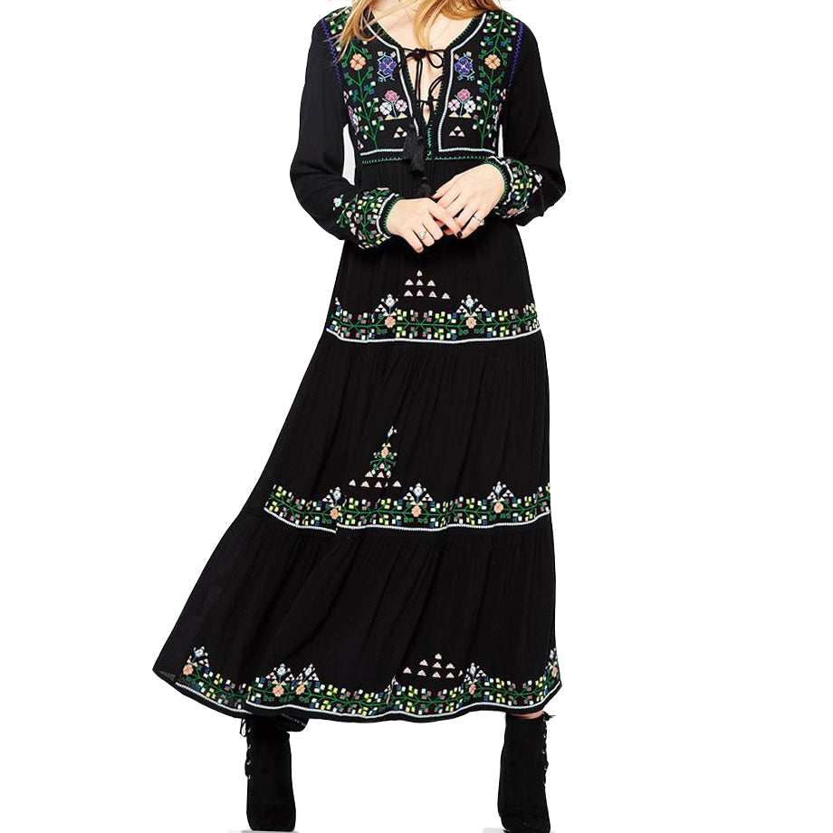 Khale Yose Spring Maxi Dress Long Sleeve Vintage Boho Chic Dress Women Floral Embroidery Dresses Gypsy Cotton Party Clothing New