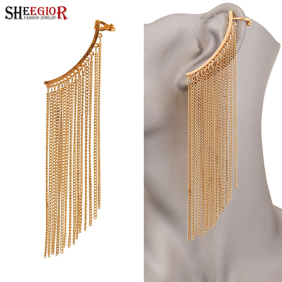 SHEEGIOR Boho Ethnic Clip Earrings for Women Fashion Jewelry Gold Silver Long Tassels Ear Cuff Earring