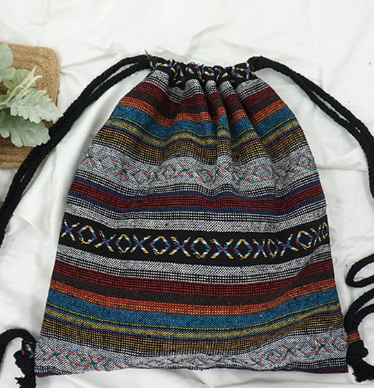 LilyHood Women Fabric Backpack Female Gypsy Bohemian Boho Chic Aztec Ibiza Tribal Ethnic Ibiza Brown Drawstring Rucksack Bags