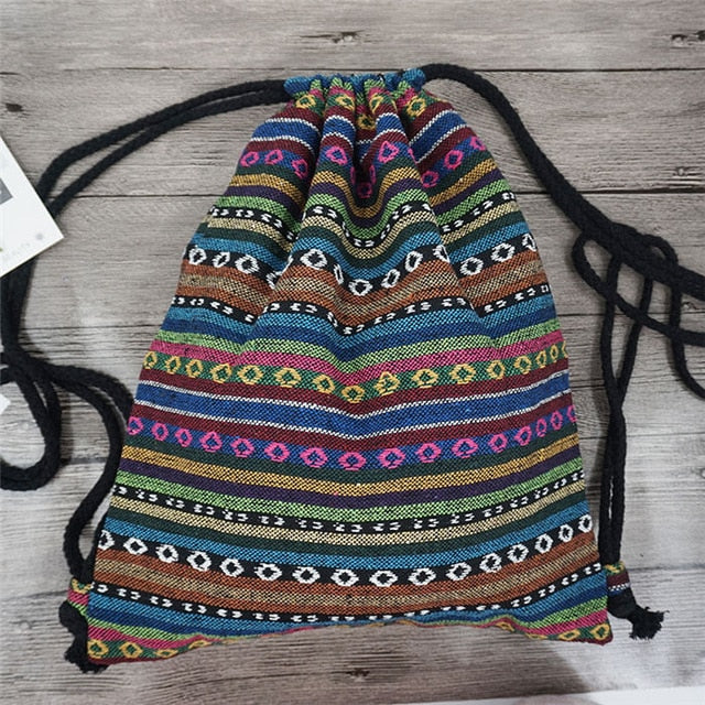 LilyHood Women Fabric Backpack Female Gypsy Bohemian Boho Chic Aztec Ibiza Tribal Ethnic Ibiza Brown Drawstring Rucksack Bags