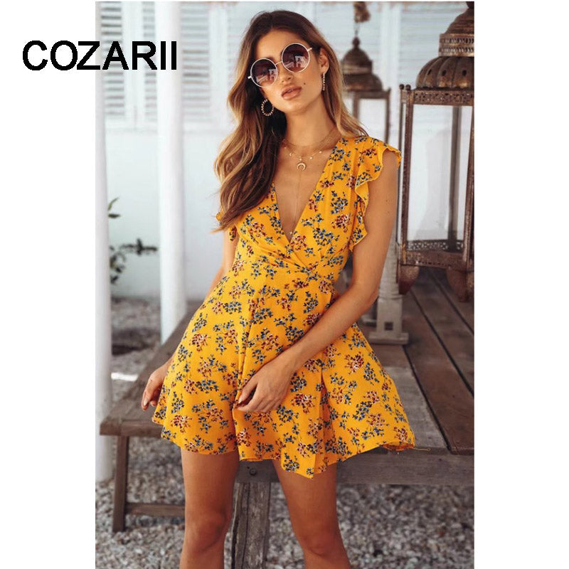 COZARII Women Dresses New Arrival 2018 Navy Buttoned Keyhole Back Flower Print Scoop Neck Sleeveless A Line Dress