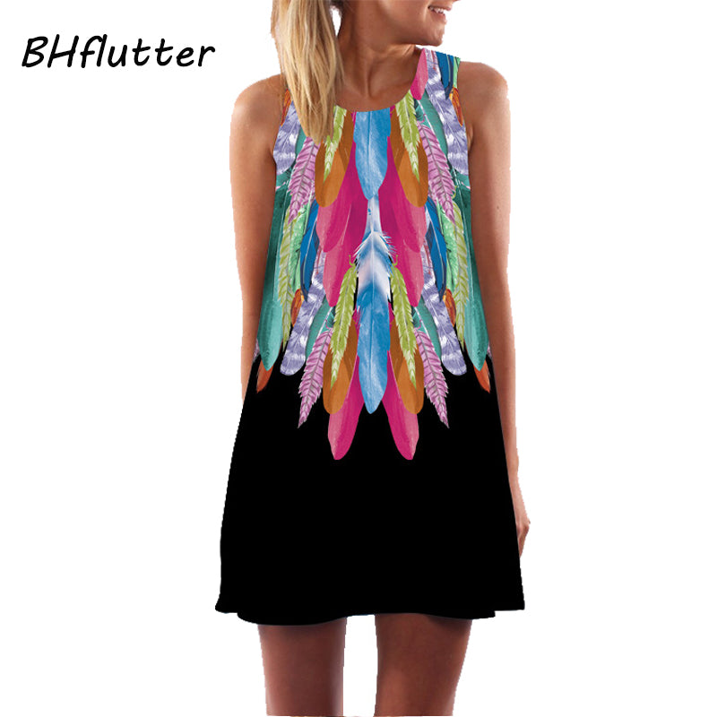 BHflutter Women Dresses Digital Print Summer Dress 2017 New Fashion Boho Style Beach dress Dashiki Hippie Dress Mini Vestidos