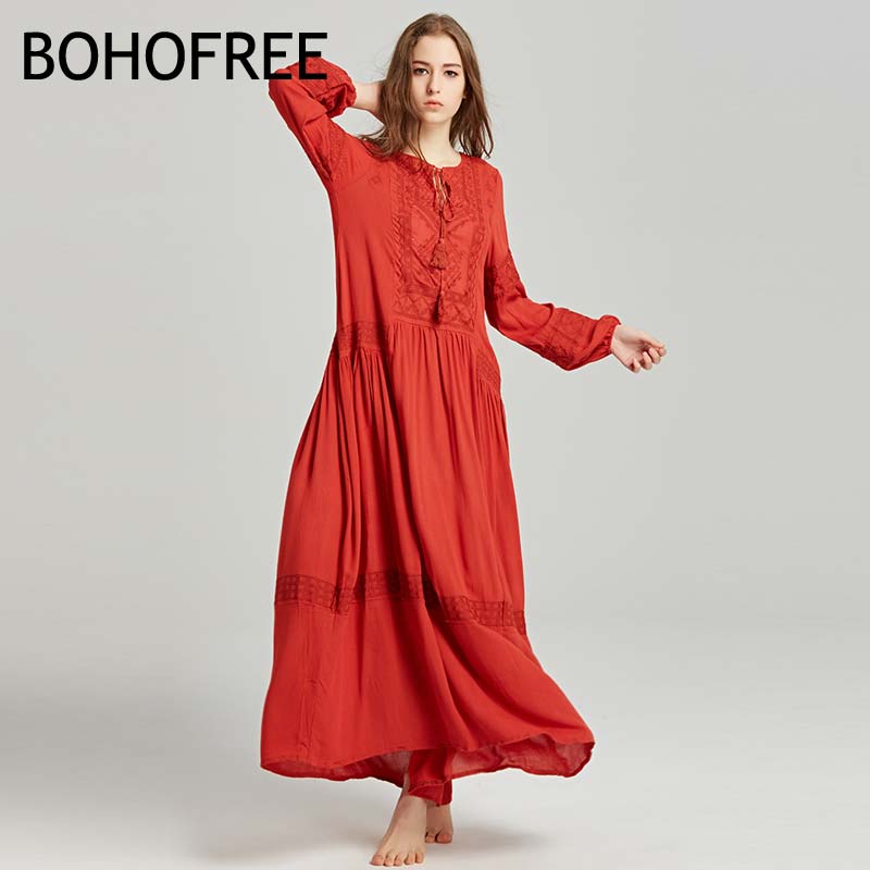 BOHOFREE Morocco People Style Long Dress Embroidery Maxi Hippie Vestidos Women Fable Folk Dress Vintage Boho Chic Dress