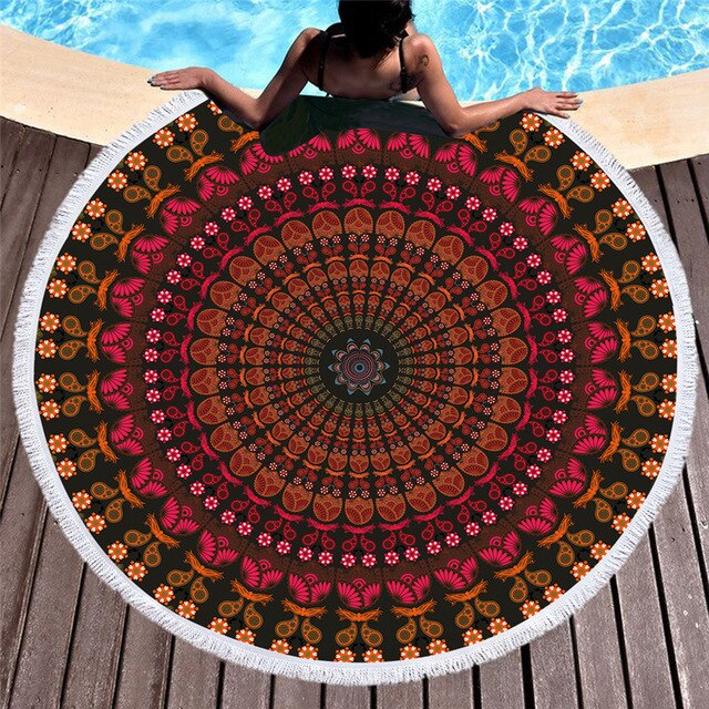 Enipate Bohemia Round Beach Towel Boho Tassel Mandala Tapestry Yoga Mat Red Toalla Floral Boho Blanket 150*150cm