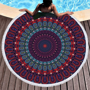 Enipate Bohemia Round Beach Towel Boho Tassel Mandala Tapestry Yoga Mat Red Toalla Floral Boho Blanket 150*150cm