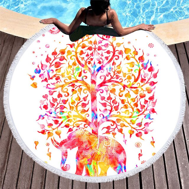 Enipate Bohemia Round Beach Towel Boho Tassel Mandala Tapestry Yoga Mat Red Toalla Floral Boho Blanket 150*150cm