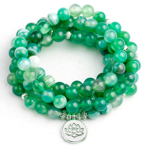 Natural Green Stripe Onyx Stone Beades with Lotus Buddha Charm Pendent Bracelet Boho 108 Women Necklace Jewelry