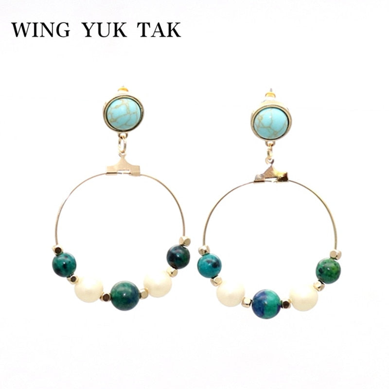 wing yuk tak Trendy Natural Stone Hoop Earrings For Women New Round Boho Beaded Earrings Green Statement