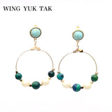 wing yuk tak Trendy Natural Stone Hoop Earrings For Women New Round Boho Beaded Earrings Green Statement