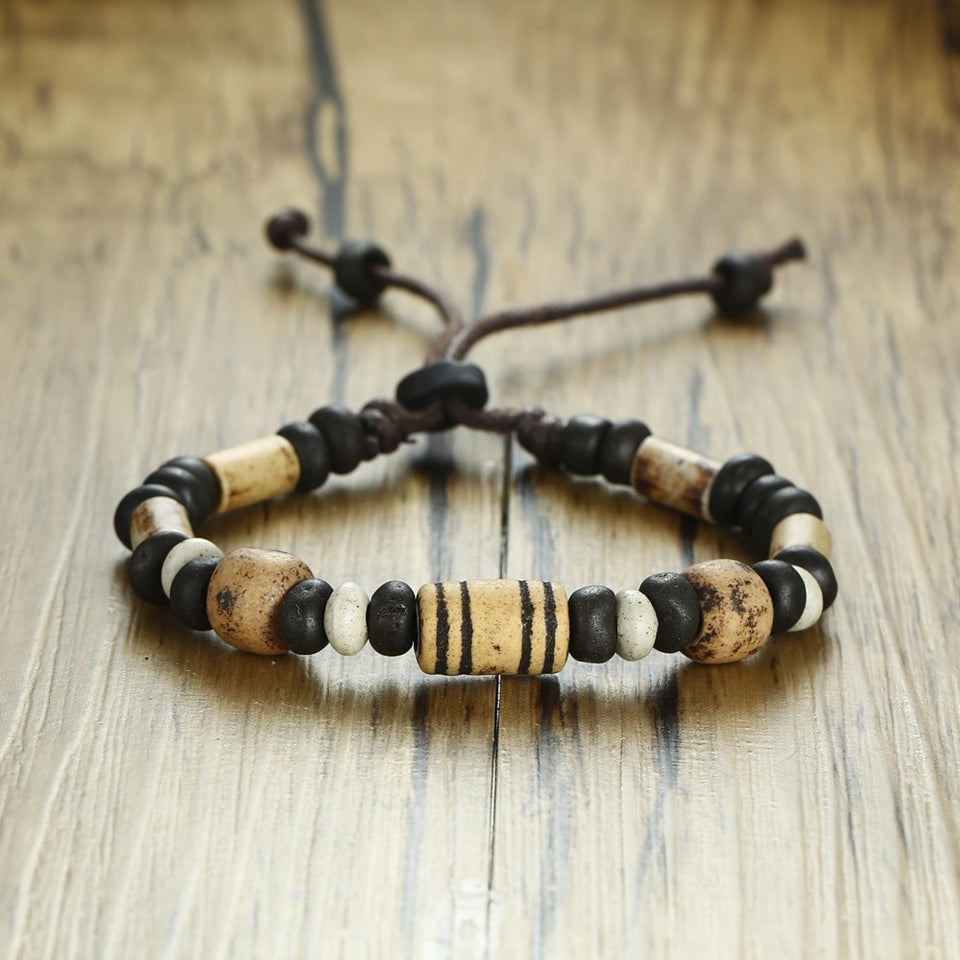 Men's Wood Beaded Bracelet Surfer Bohemian Stacking Bangle Tribal Chic Jewelry Drawstring Jewellery Festival Boho Gypsy