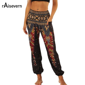 Raisevern Vintage Print Women Casual Pants 2018 Summer Boho Beach Elastic High Waist Chiffon Trousers Sporting Pants Dropship