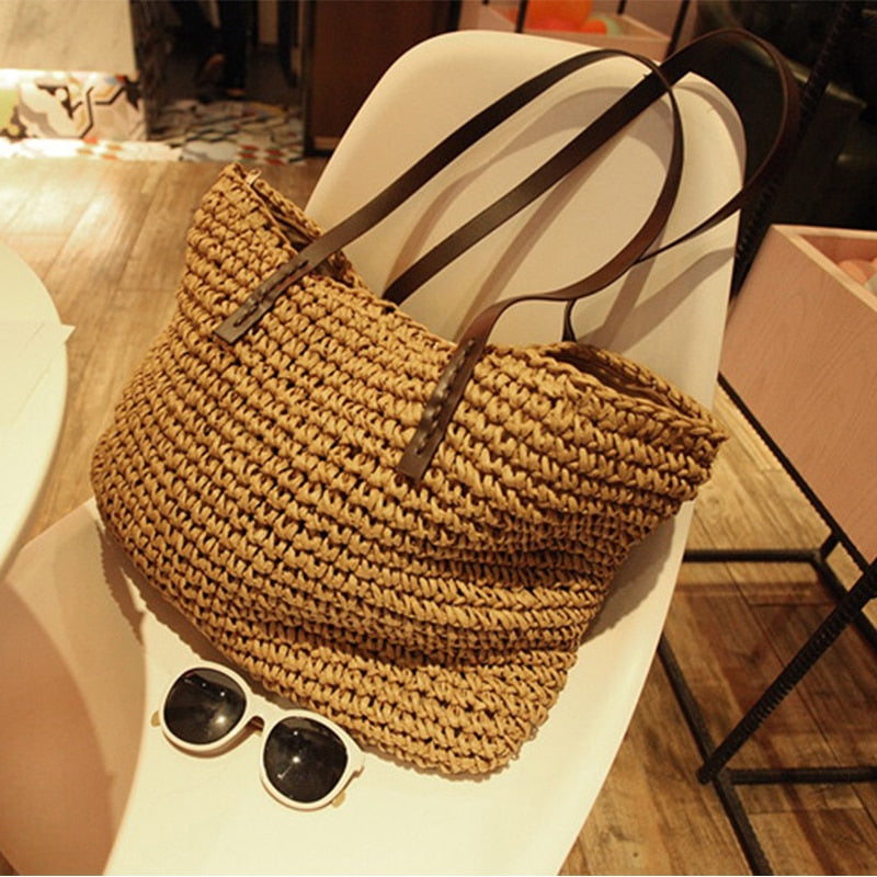 Women Handbag Rattan Woven Handmade Knitted Straw Large Capacity