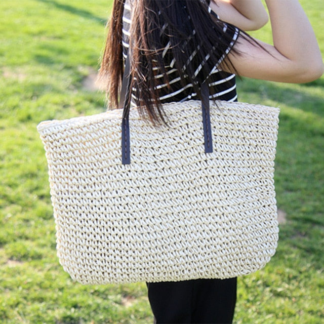 Women Handbag Rattan Woven Handmade Knitted Straw Large Capacity