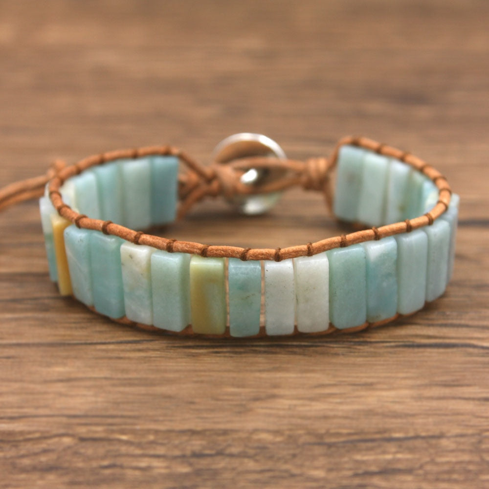 Boho jewelry Leather cord wrap Bracelet for women  Amazonite Stone Beaded Bracelet handmade jewelry