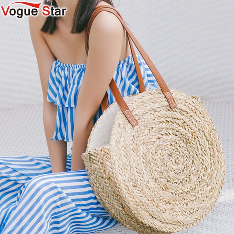 Women Hand Woven Beach Bag Natural Oval Large Big Tote Circle Handbag Round Straw Bags Moroccan Palm Basket Bag